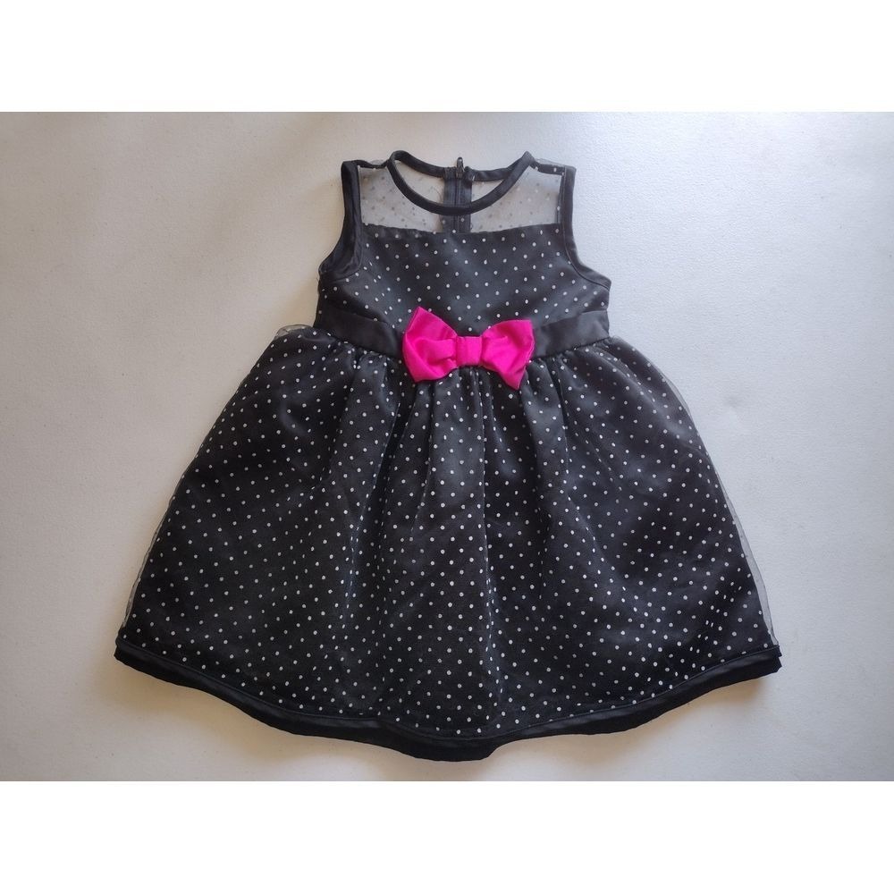Penelope Mack Black Polka Dot Tulle Dress with Hot Pink Bow Size 2T